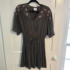 Knox‎ Rose Olive Dress with Pink Floral Embroidery